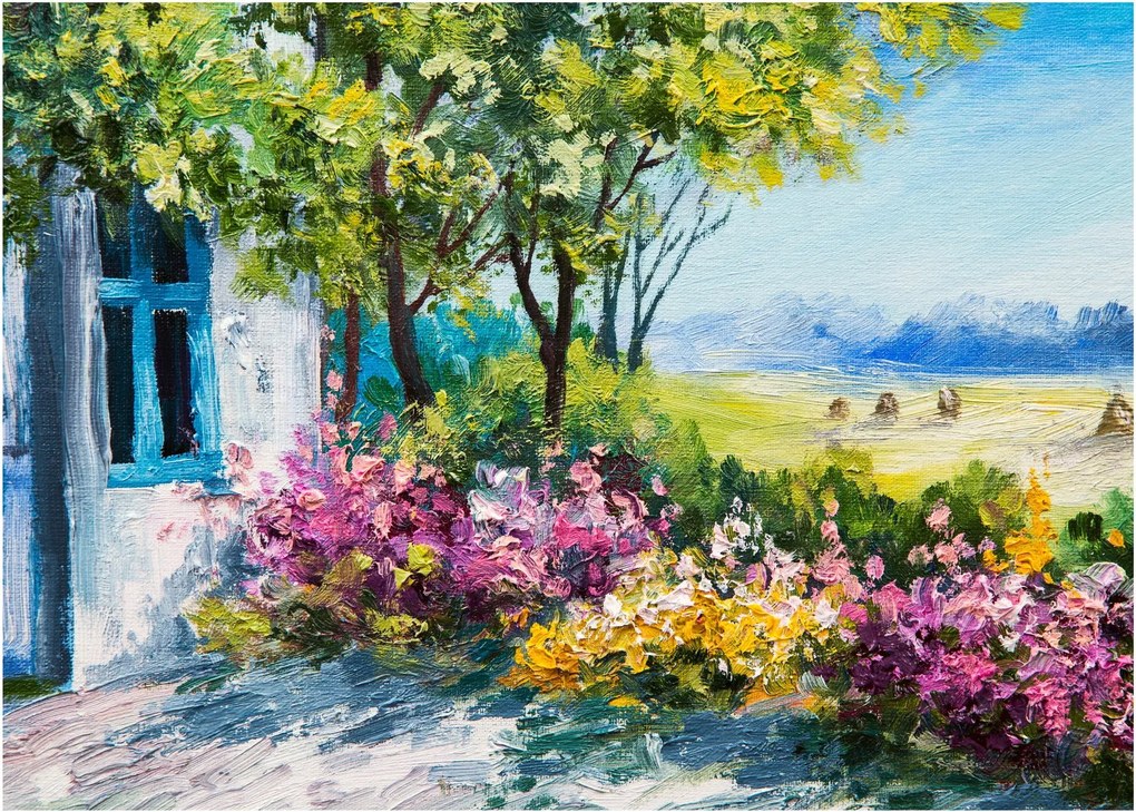 Kép a ház előtti kertről, olajfestmény (70x50 cm)