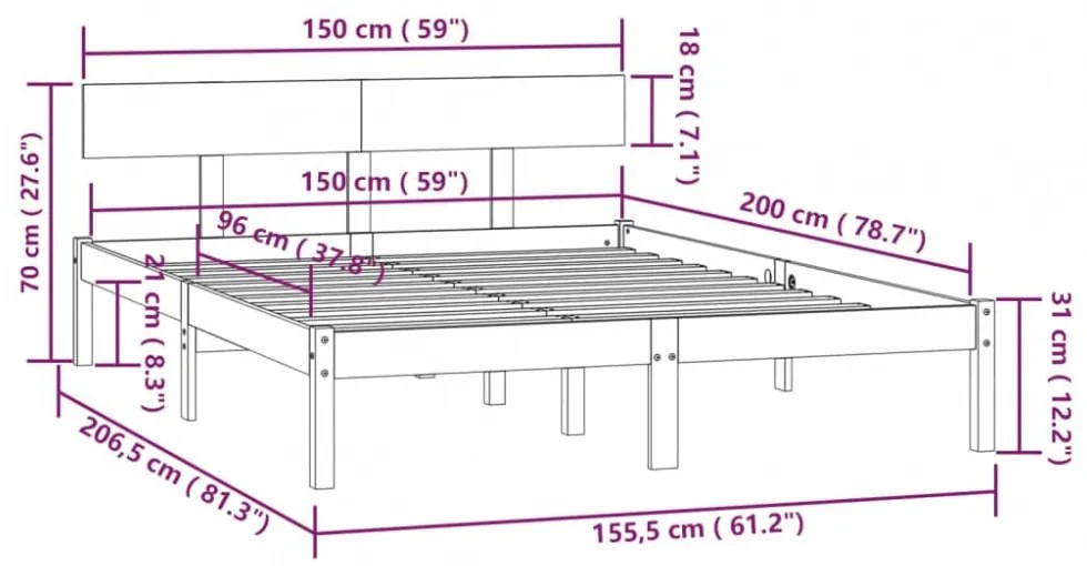 King Size szürke tömör fenyőfa ágykeret 150 x 200 cm