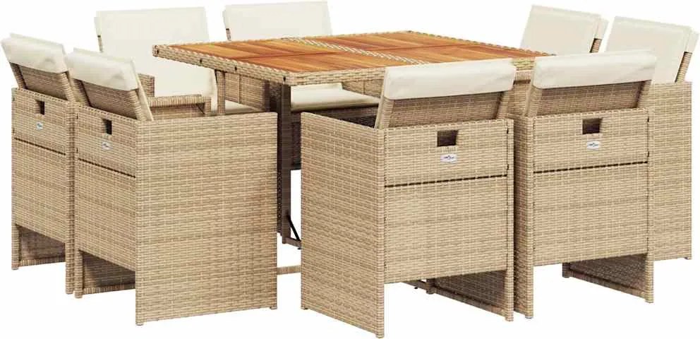 vidaXL 9 részes bézs polyrattan kerti étkezőgarnitúra párnákkal