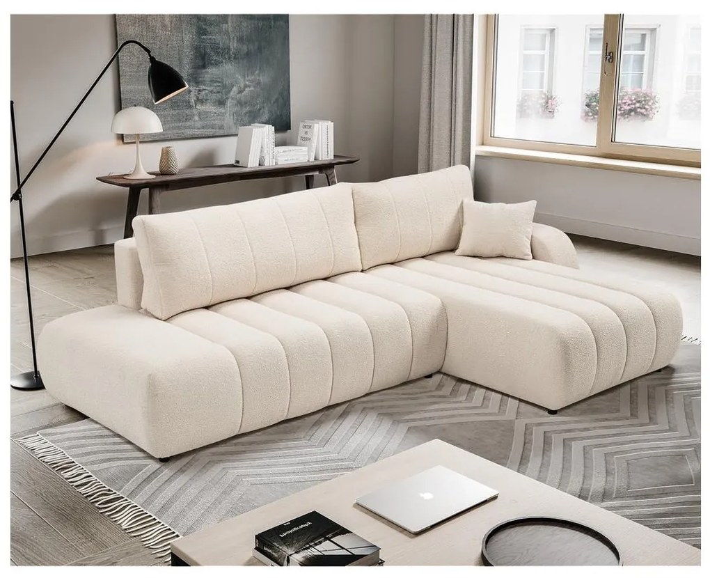 Jobb oldali, bézs, L-alakú, tárolós, kihúzható sarokkanapé DESIO