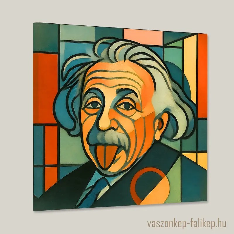 Albert Einstein nyelvkidugós vászonkép – modern geometrikus stílus 40x40cm