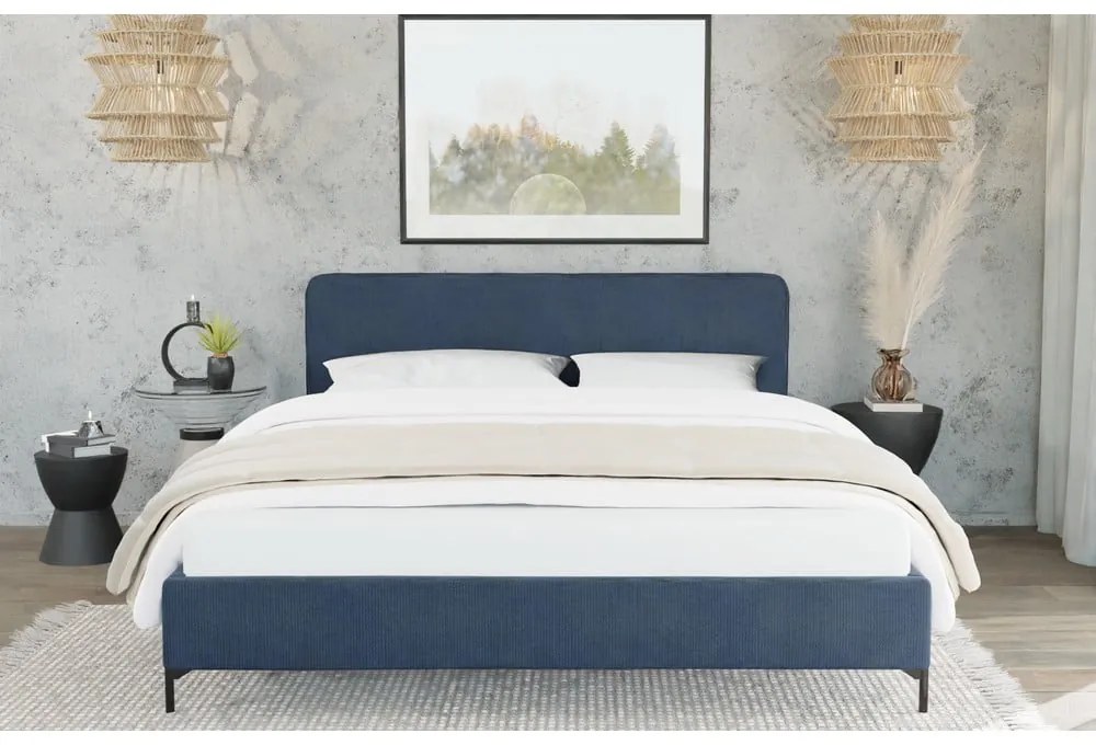 Sötétkék kárpitozott franciaágy ágyráccsal 160x200 cm Barker – Ropez