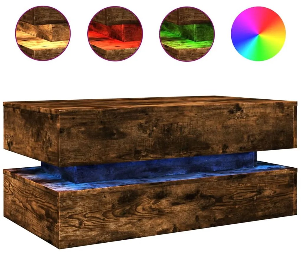 vidaXL füstös tölgy színű dohányzóasztal LED-lámpákkal 90x50x40 cm