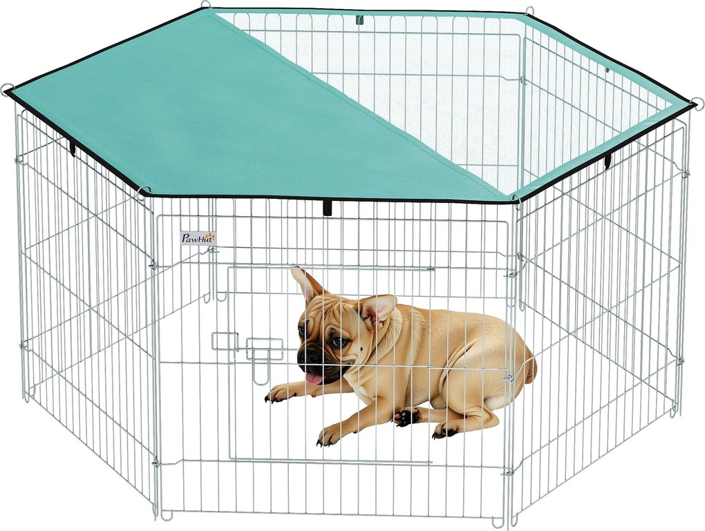PawHut Kutya Játékkerítés 6 Panel 59x60 cm Összecsukható Fém Kerítés Kiskedvenceknek Ajtóval, Zárral és Tetővel Kerten, Teraszon, Kültéren Ezüst | Aos