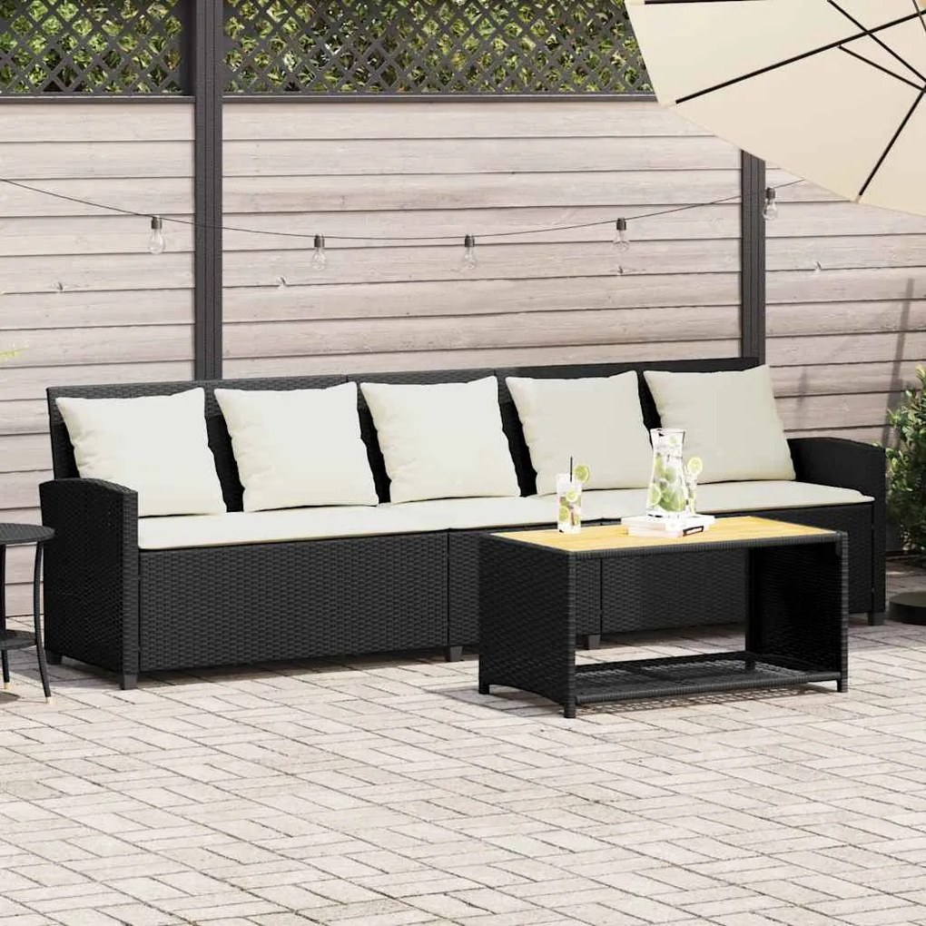 5 személyes fekete polyrattan kerti kanapé párnával
