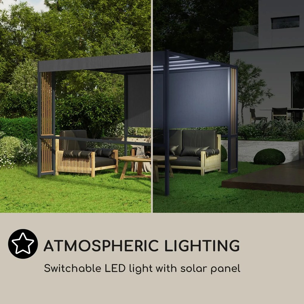 Blumfeldt Valence, pavilon, 3 x 3 m, UV50+, vízlepergető, napelemes LED világítás, napelem