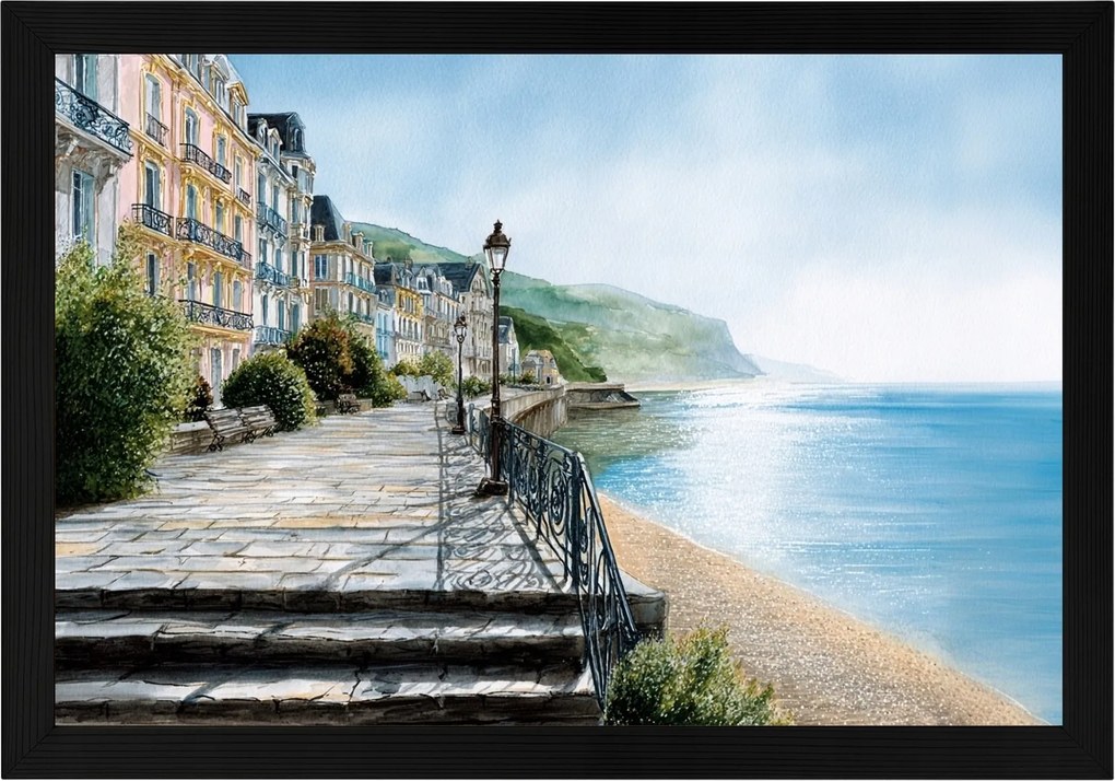 Poszter Keret Fa Tájkép Franciaország Város Sétány Tenger Nap 60x40