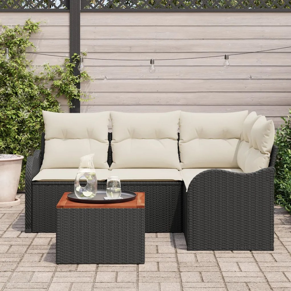 5 Darabos Kerti Sofa Készlet Párnákkal Fekete Poli Rattan Akác, 2-Fős Kerti Sofa Tárolóval&amp;Párnákkal Fekete Poli Rattan
