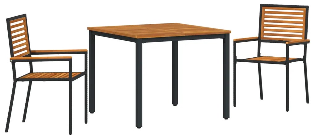 3 darabos kerti étkezőszett fekete műrattan akáccal, Egymásra rakható kerti székek párnákkal 2 db fekete műrattan, Kerti asztal 90x90x75 cm tömör akácfa és fém