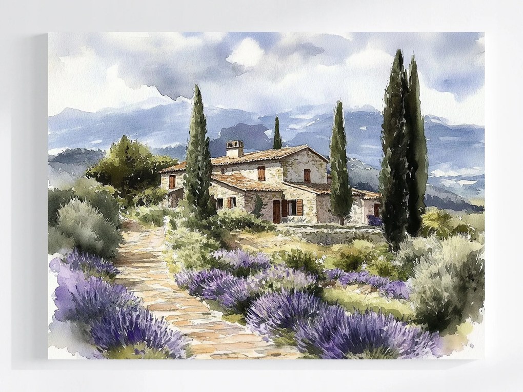 Canvas Vászonkép Olaszország Toszkána Levendula Ciprus Kő Ház 100x75