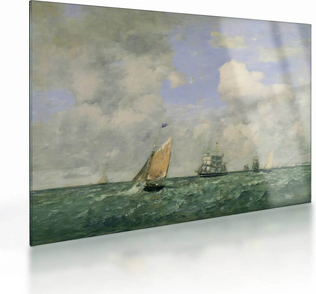 Üveg kép - Eugène Boudin, Ships and Sailing Boats Leaving Le Havre, reprodukciók (70x50 cm)