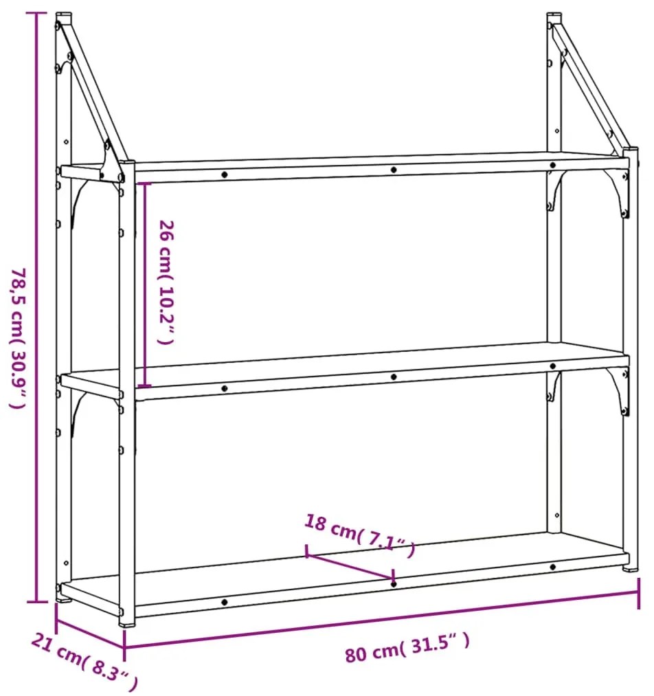 3 szintes sonoma tölgy színű szerelt fa fali polc 80x21x78,5 cm