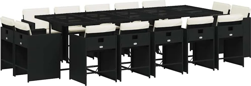 vidaXL 15 részes fekete polyrattan kerti étkezőgarnitúra párnákkal