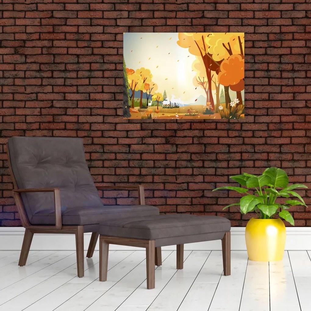 Kép - őszi táj, illusztrációk (üvegen) (70x50 cm)