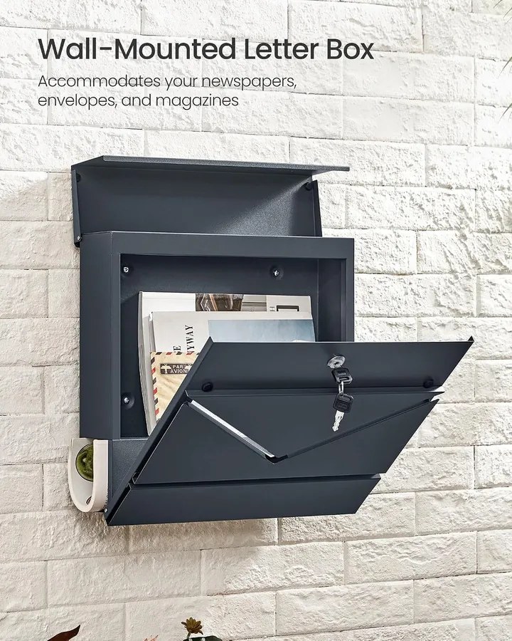 SONGMICS Falra Szerelhető Postaláda Újságtartóval és Zárral, Antracitszürke