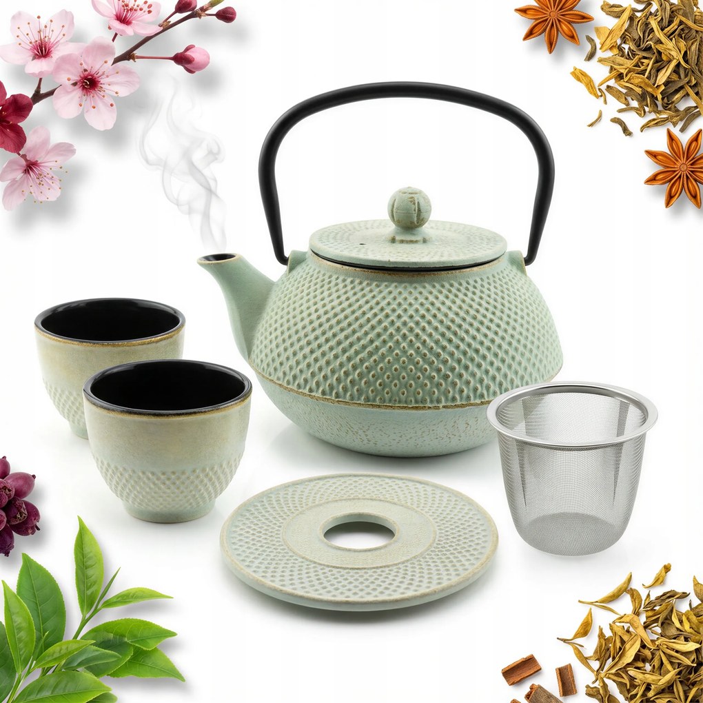 Öntöttvas Teás Kanna Teafőző Készlet Csészékkel És Alátéttel