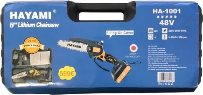 Akkus 15 cm-es láncfűrész HAYAMI HA-1001 + 2 db akkumulátor + tartozékok