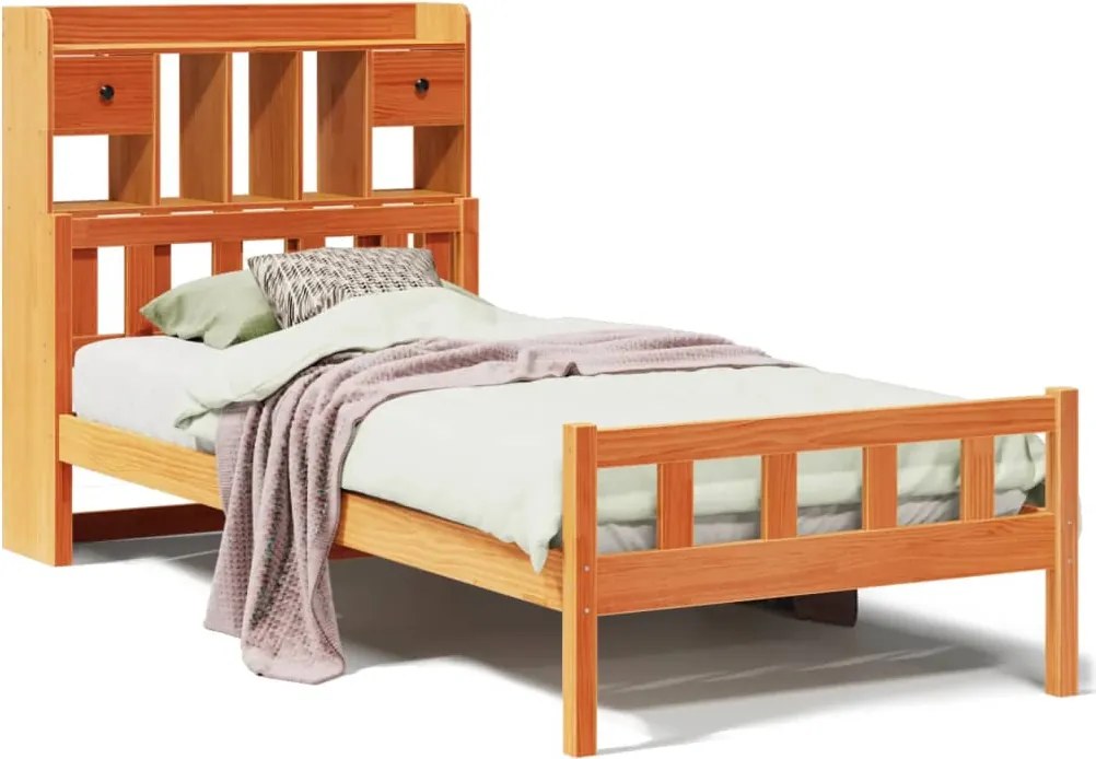 vidaXL barna tömör fenyőfa könyvespolcos ágy matrac nélkül 75 x 190 cm