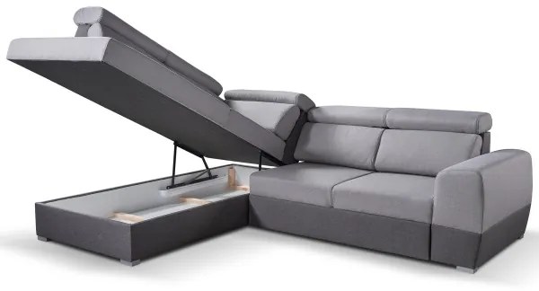 Szürke MATRIX L-alakú sarokkanapé tárolóval, balos, kihúzható