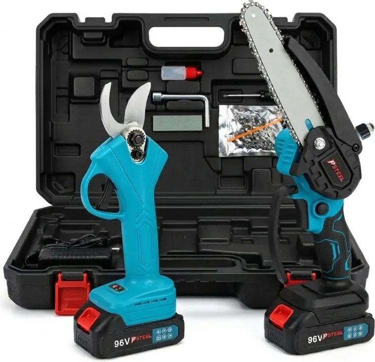 PSteel Akkumulátoros Ágvágó Láncfűrész és Metszőolló Szett két akkumulátorral – 96V