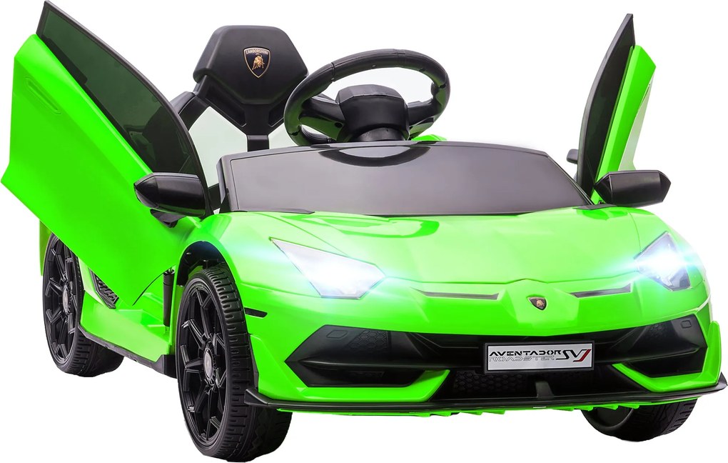 HOMCOM Gyerek Elektromos Autó, Lamborghini Aventador SVJ Licensz, 12V Pillangó Ajtókkal, LED Távirányítóval, Zenével, USB-vel, Sebesség 3-5 Km/H, Zöld
