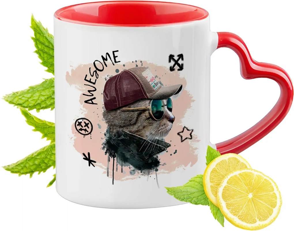 Cica Cicák Piros Bögre Szív Alakú Füllel Ajándék