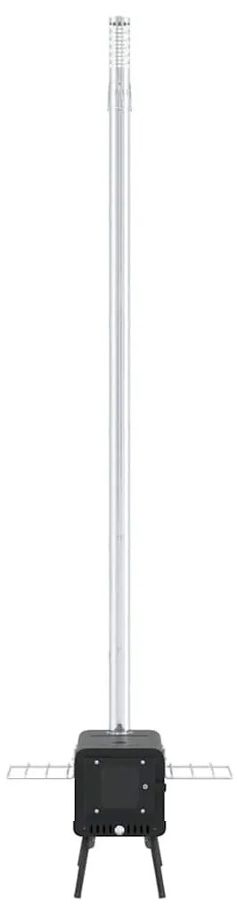 fekete acél sátorkályha kéménnyel és összecsukható lábakkal