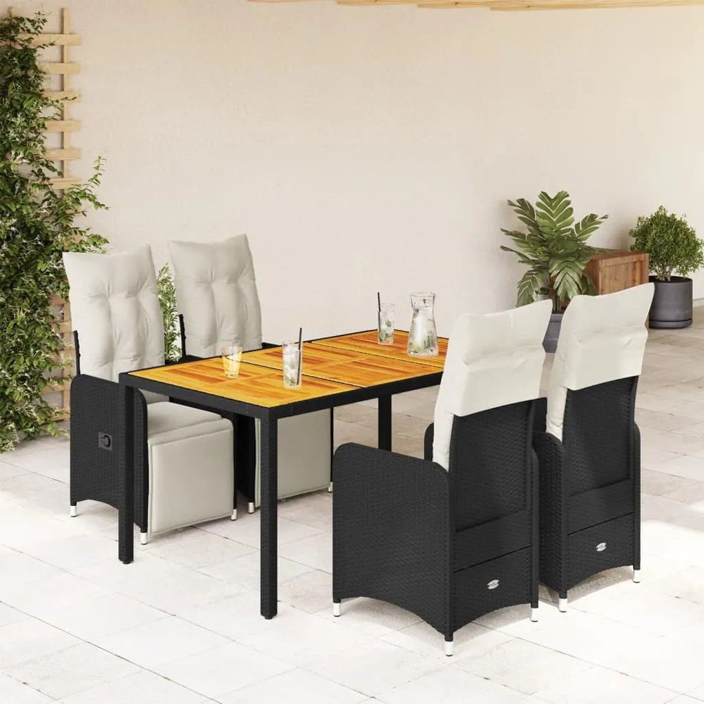 5 részes fekete polyrattan kerti bisztrógarnitúra párnákkal