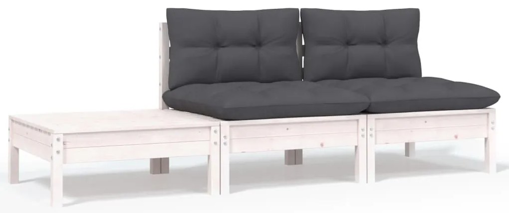 vidaXL 3 részes fehér tömör fenyőfa kerti ülőgarnitúra párnákkal