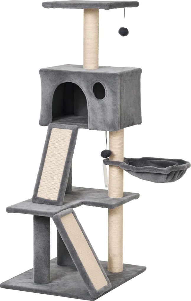 PawHut Kaparófa Kényelmes Buborékot, Függőágyat és 2 Plüss Platformot Tartalmaz Szürke és Zsineg 60x49x130cm | Aosom