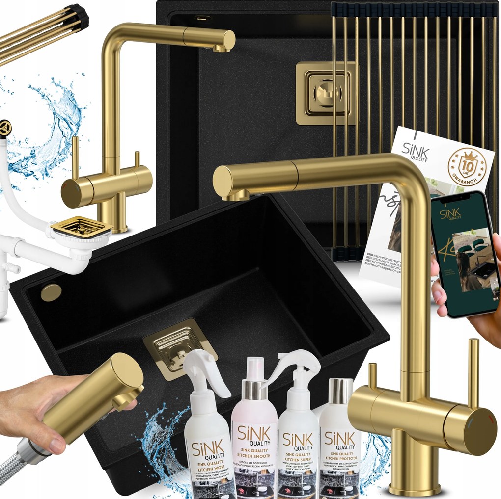 Gránit Mosogató Függesztett Asztali Arany Háromutas Csaptelep 12e