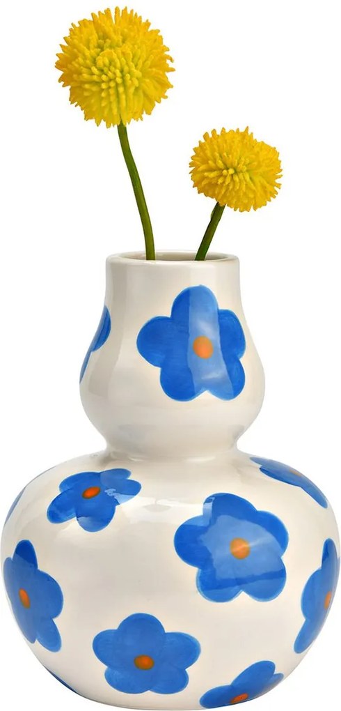 Kerámia váza kék virágokkal kézzel festett 16 cm magas dekoráció