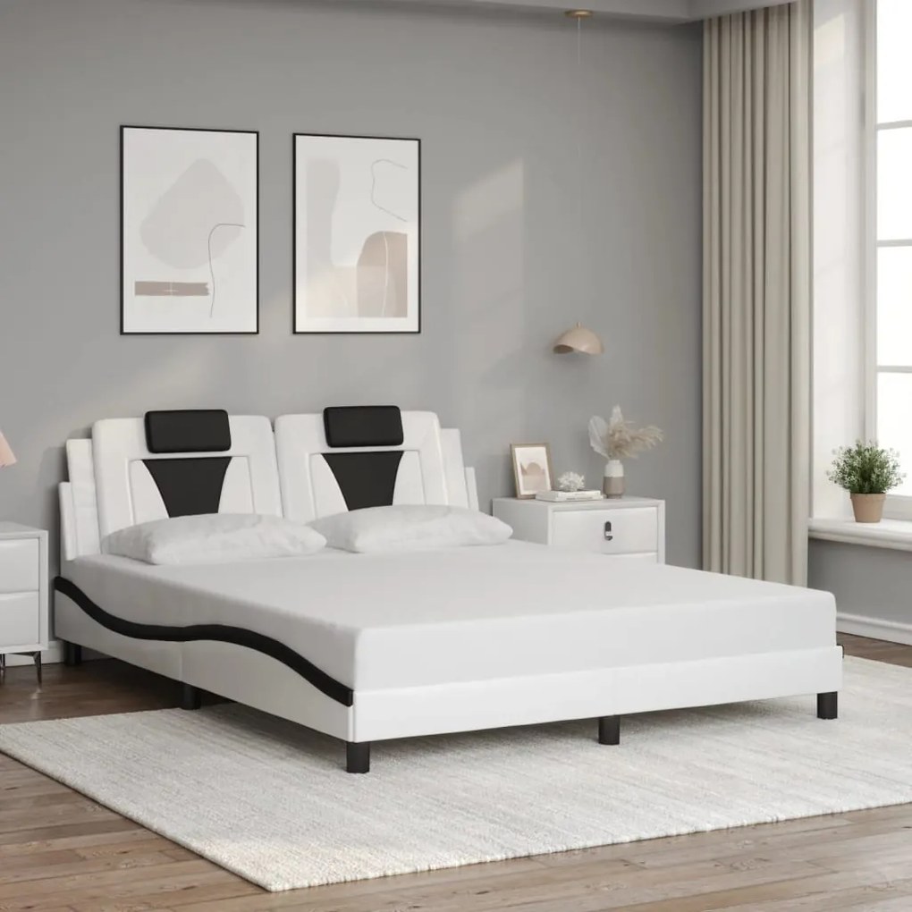fehér és fekete műbőr ágykeret fejtámlával 160 x 200 cm