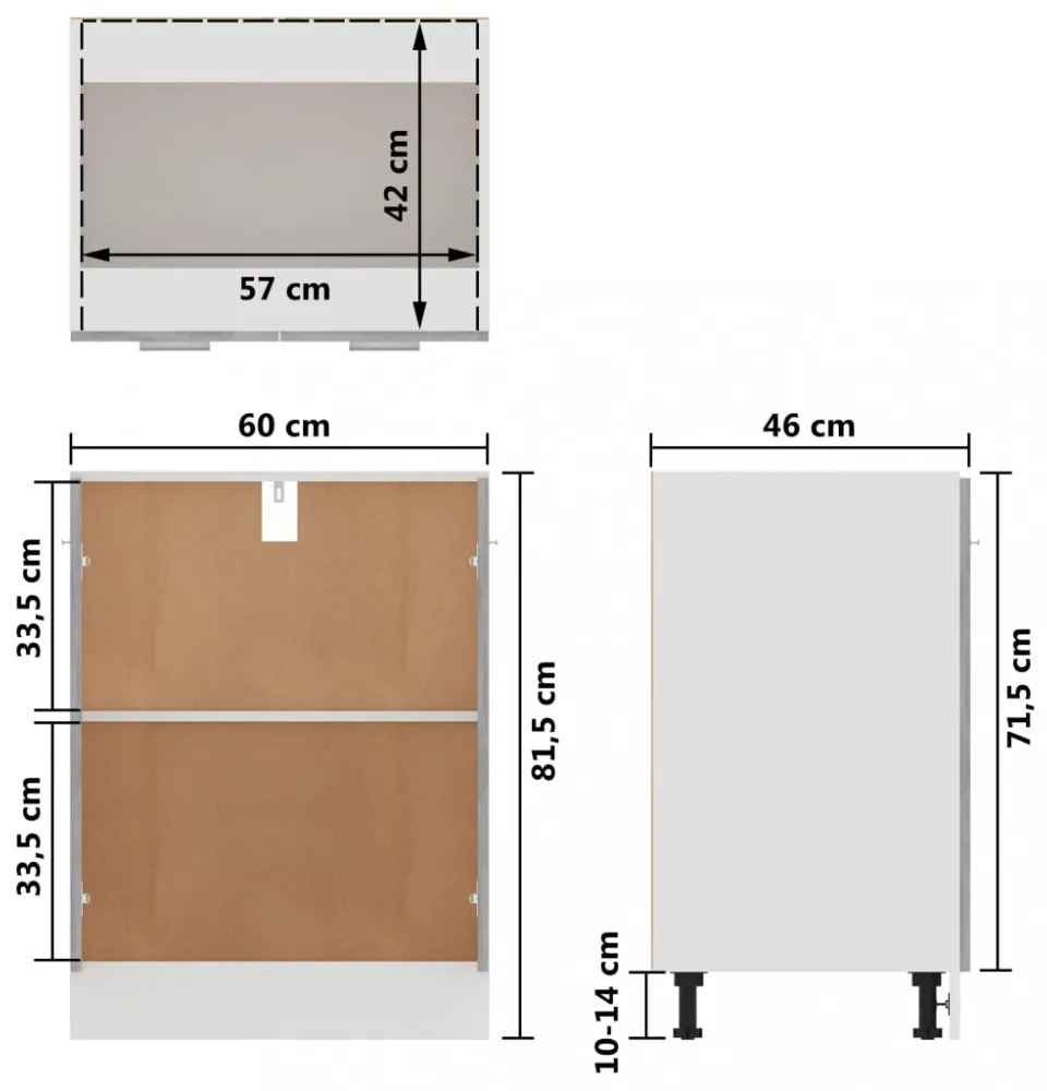 betonszürke szerelt fa alsószekrény 60 x 46 x 81,5 cm