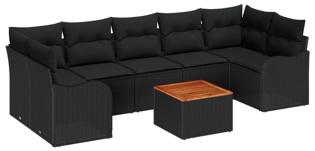 8 részes kerti kanapé szett párnákkal, fekete poli rattan akáccal, 2 üléses kerti kanapé tárolóval és párnákkal, fekete poli rattan