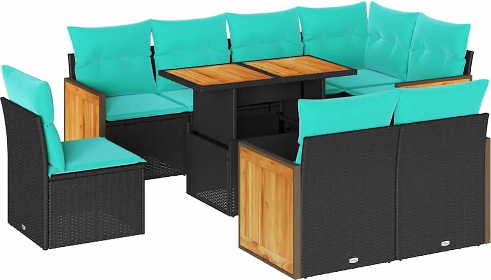 vidaXL 9 részes fekete polyrattan akácfa kerti ülőgarnitúra párnákkal