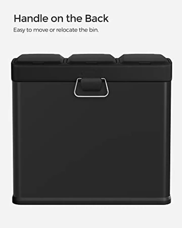 Kis szelektív konyhai hulladékgyűjtő, pedálos fedéllel, 3 x 8 literes  vödörrel, acél, fekete