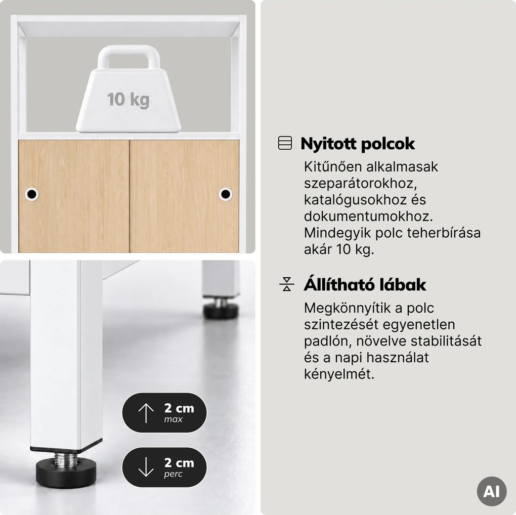 Iratrendező polc zárható szekrénnyel, irodai, nyitott polcok, fém fehér/sonoma tölgy, 800x2200x400 mm: ARIEL Eco Design