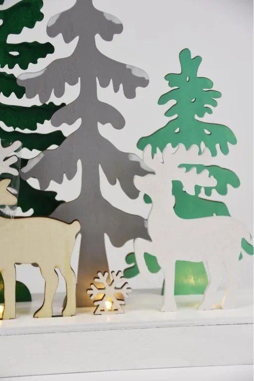 Dekoratív karácsonyi jelenet fából Erdő 5 LED elem időzítő