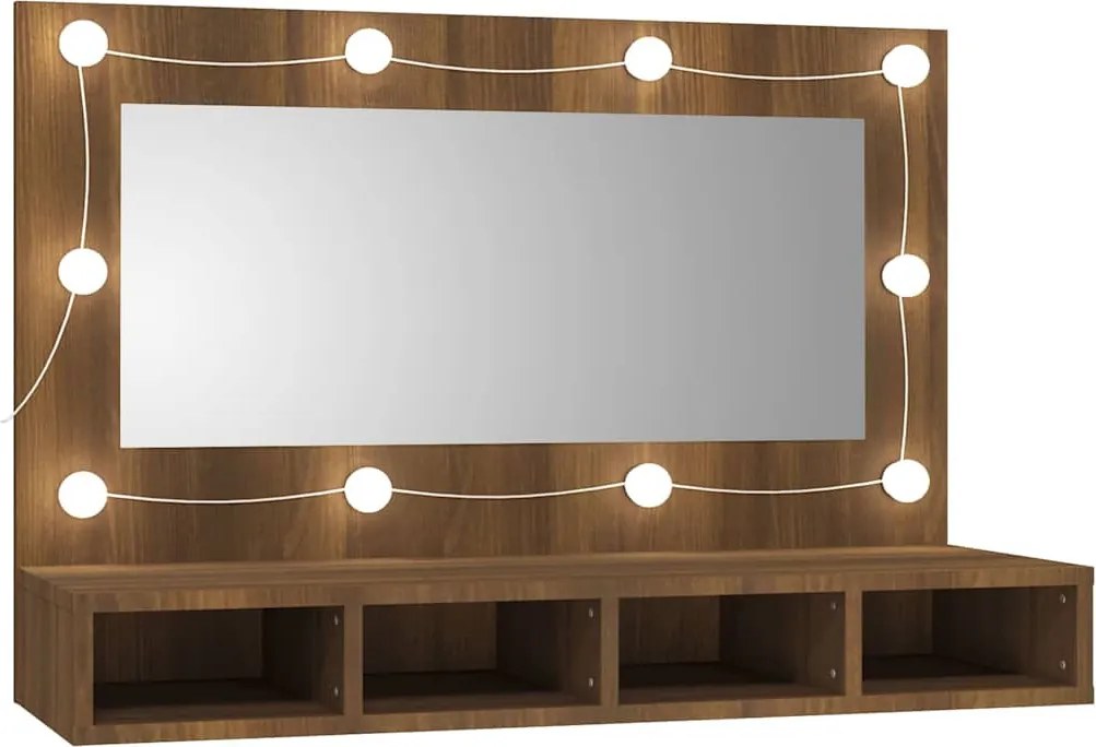 Barna tölgy színű tükrös szekrény LED-ekkel 90 x 31,5 x 62 cm