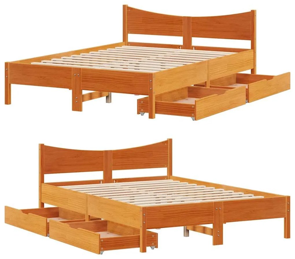 vidaXL viaszbarna tömör fenyőfa ágykeret fiókokkal 140 x 190 cm