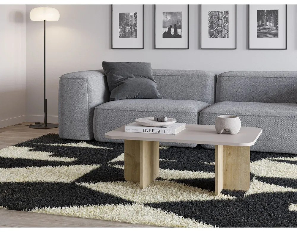 Krémszínű-natúr színű dohányzóasztal tölgyfa dekorral 56x100 cm Hillary – Marckeric