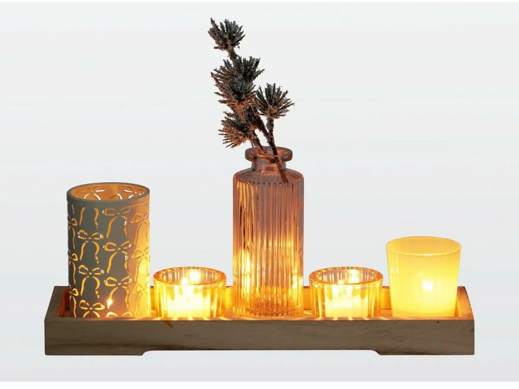 Gyertyatartó szett fa tálcán Winter Time, 6 db,10,5 x 32,5 cm
