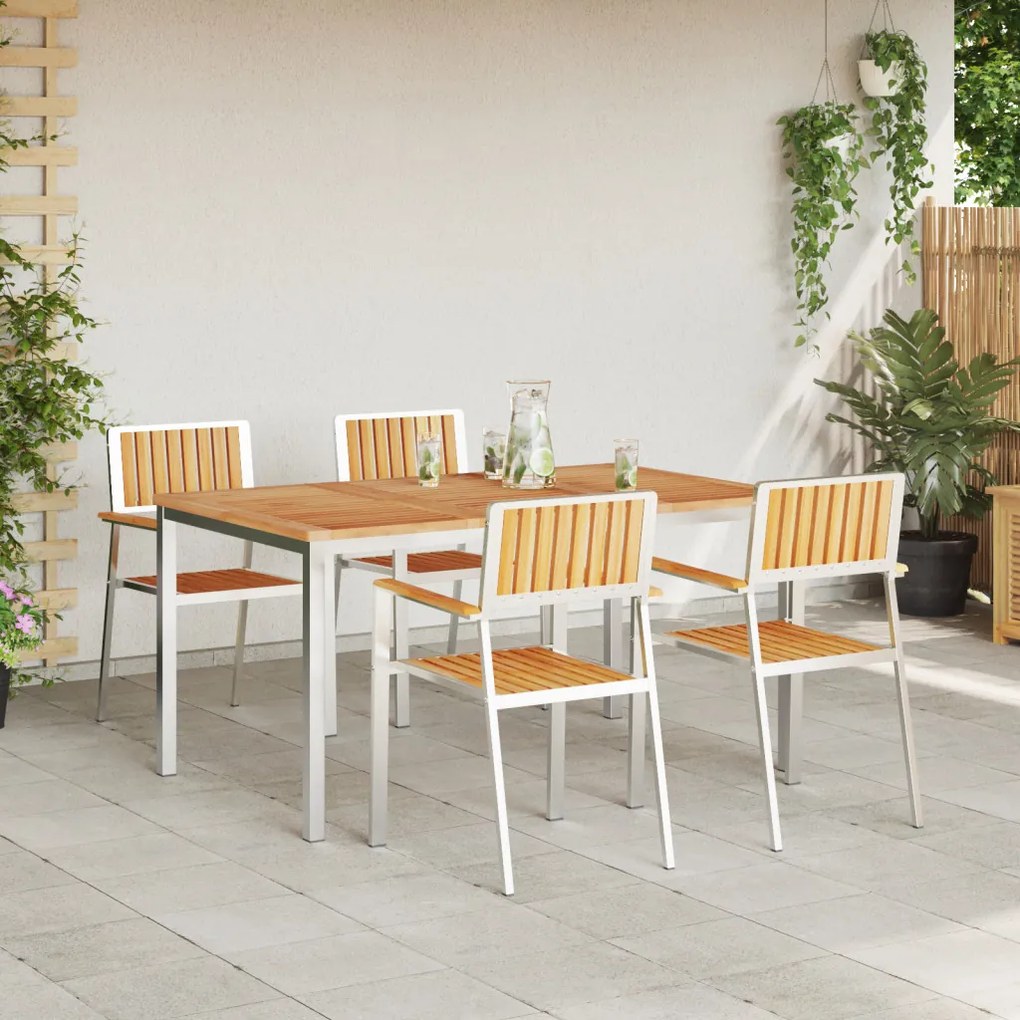 5 Részes Kerti Étkezőszett Tömör Fa Tikfa, Kültéri Étkezőasztal 150x90x75 cm Tömör Fa Tikfa, Rakásolható Kerti Székek 4 db Tömör Fa Tikfa és Fém