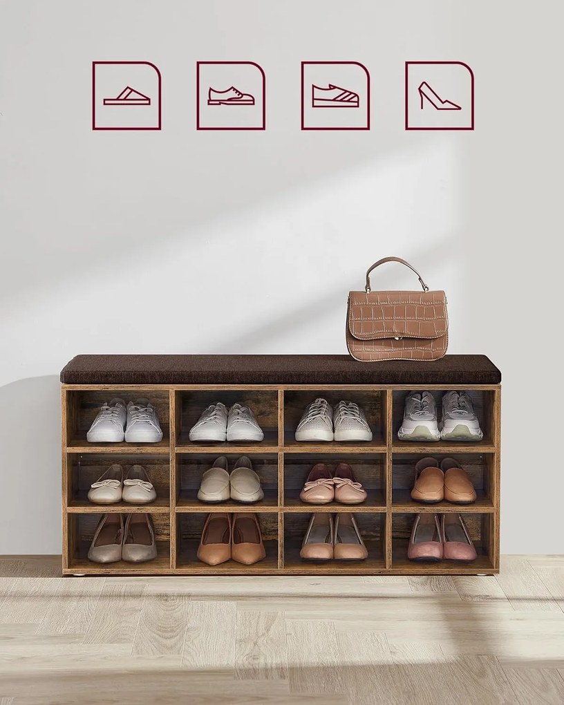 Cipőpad, tárolópad párnázott üléssel, 12 rekesszel, rusztikus barna