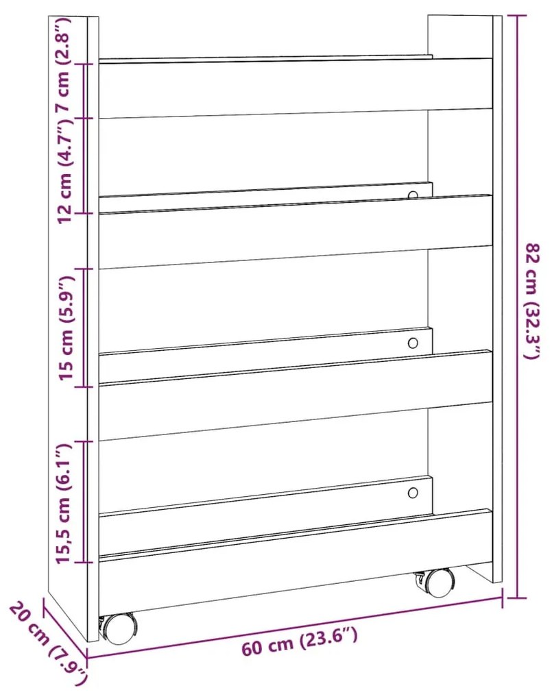 4 szintes barna tölgy színű szerelt fa keskeny tárolókocsi