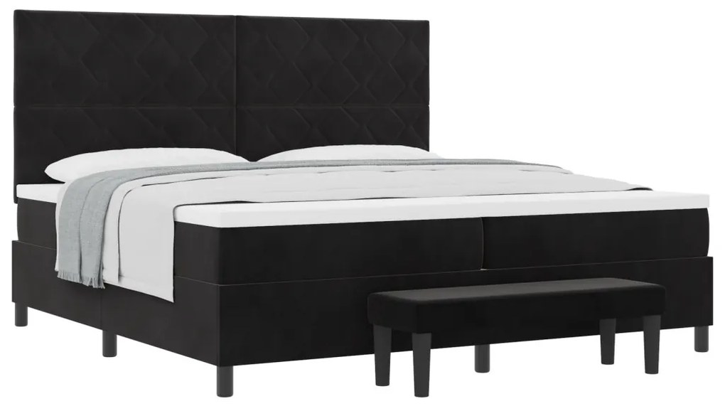 Box Spring Ágy Mattal és Padokkal Fekete 200x200 cm Bársony
