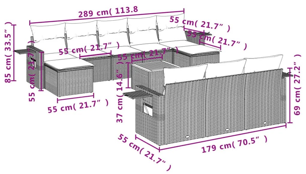 11 részes fekete polyrattan kerti ülőgarnitúra párnákkal