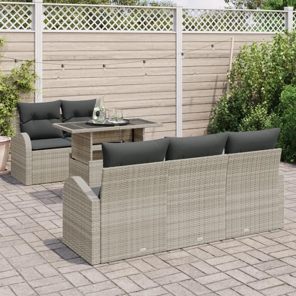 6 darabos kerti kanapé szett párnákkal Világosszürke Poly Rattan, 2 személyes kerti kanapé tárolóval és párnákkal Világosszürke Poly Rattan