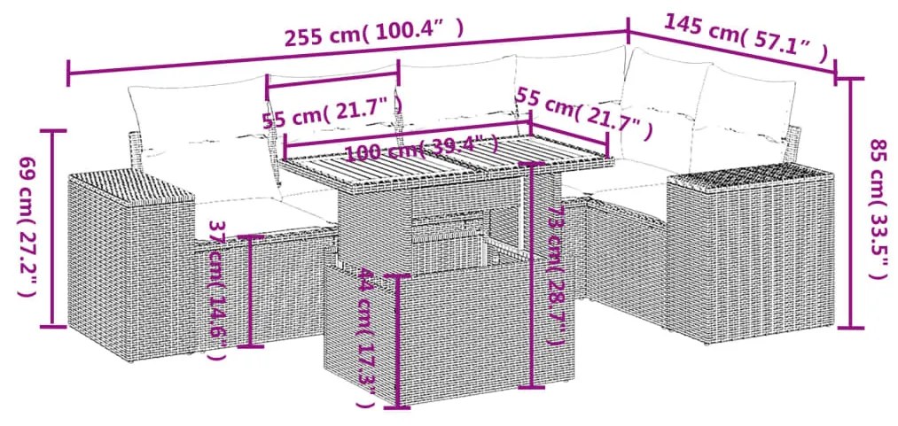 6 részes fekete polyrattan kerti ülőgarnitúra párnákkal